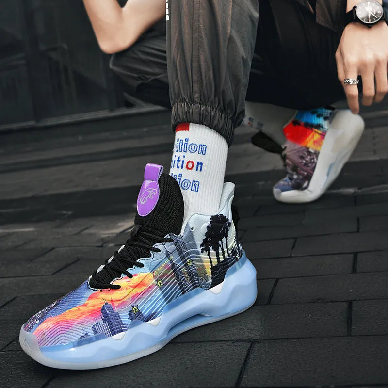 Luminous high-top basketball shoes with graffiti pattern, mesh upper, and rubber outsole available in various colours