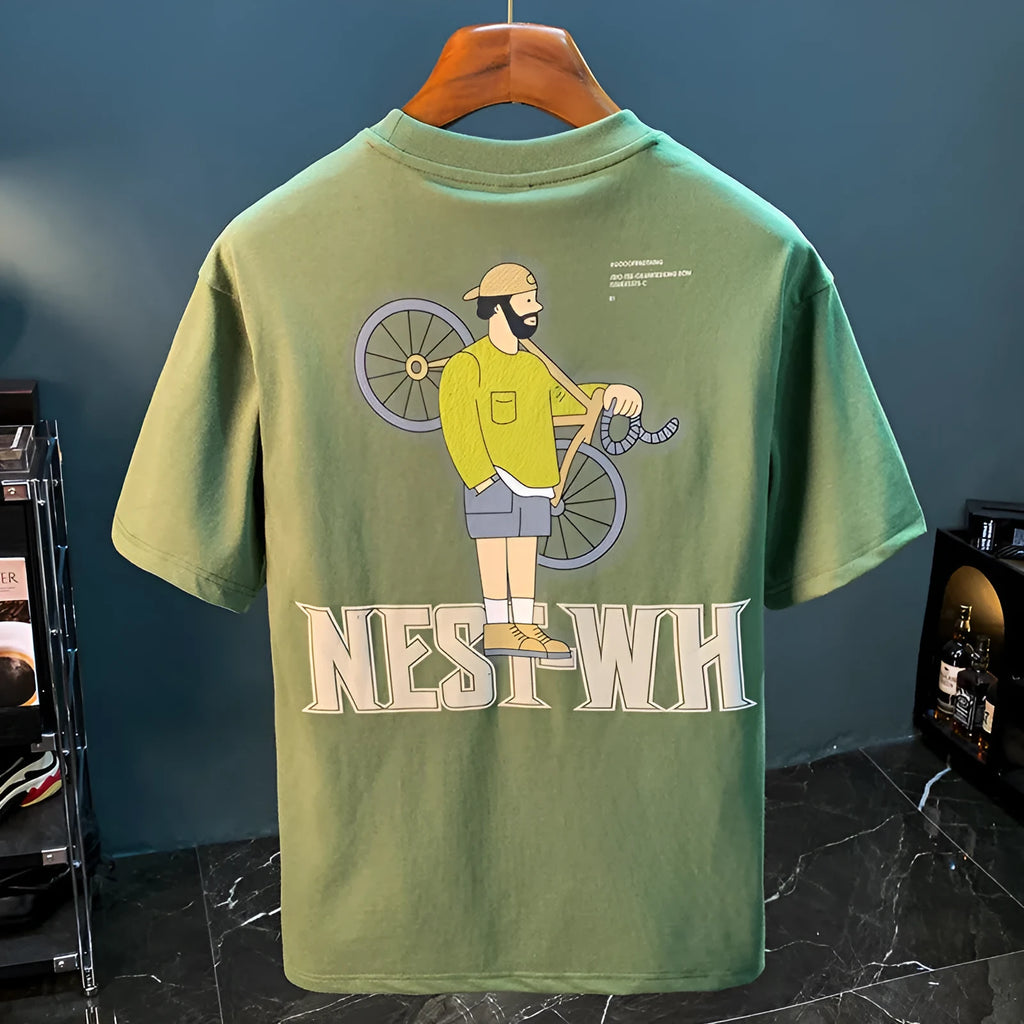 Green loose fit men's t-shirt with a trendy literary youth print on the front.