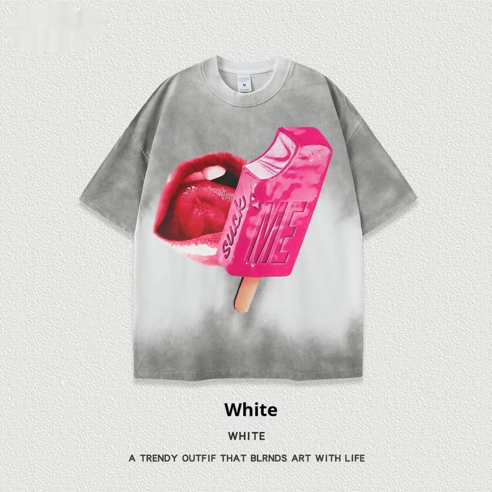 Heavy washed short-sleeved cotton t-shirt in loose pullover fit on a hanger