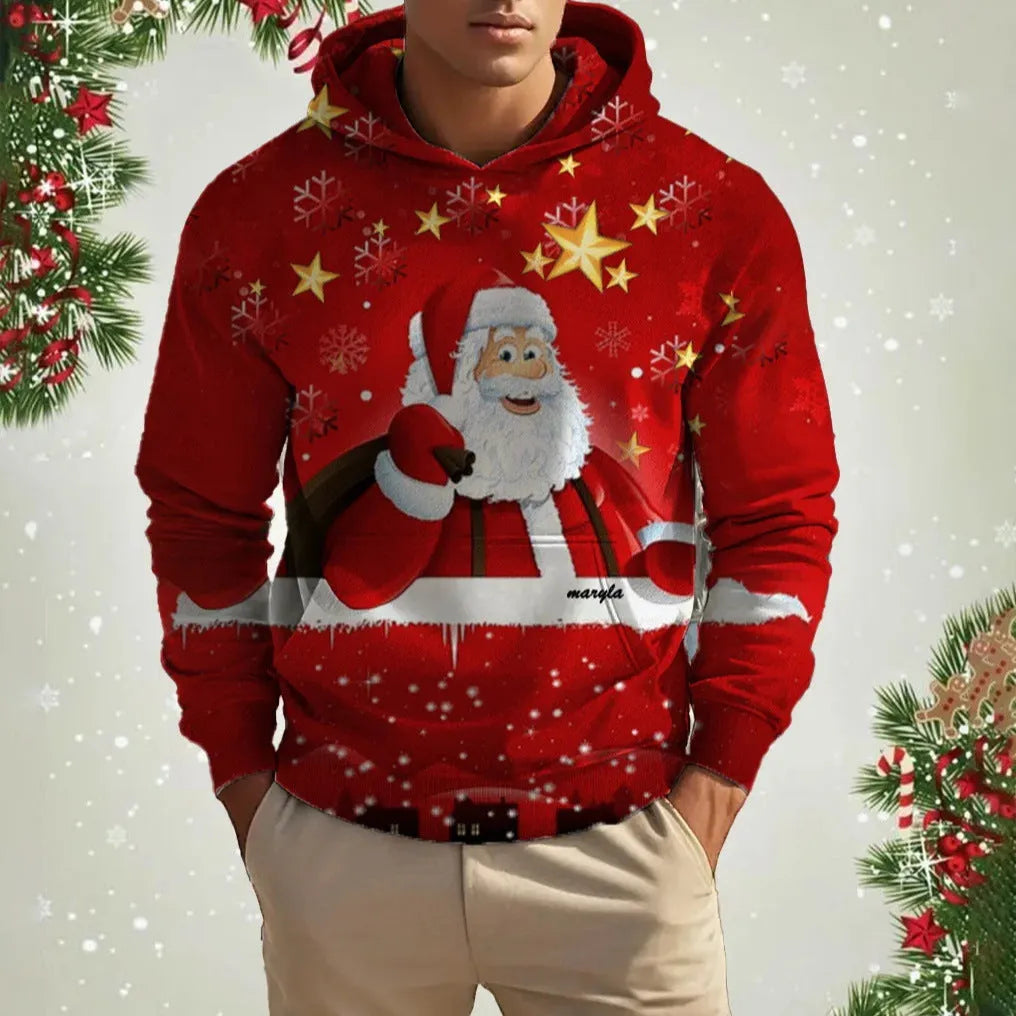 Men's Christmas reindeer 3D printed hoodie in red, front view, pullover style, polyester fibre fabric.