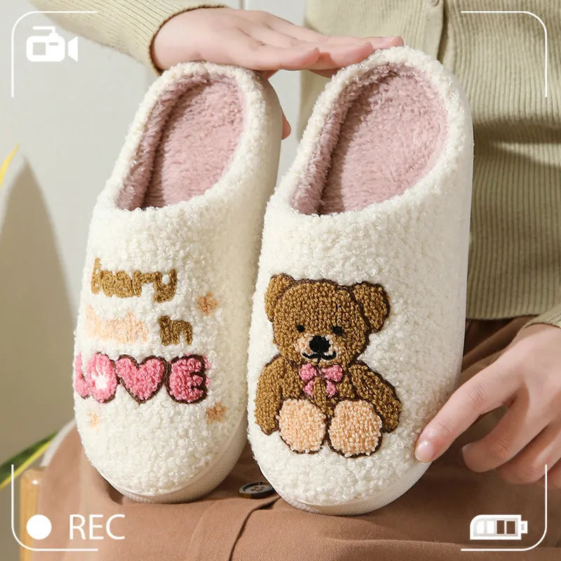 Cartoon gingerbread man winter cotton slippers in plush material with festive design, available in multiple colours and sizes