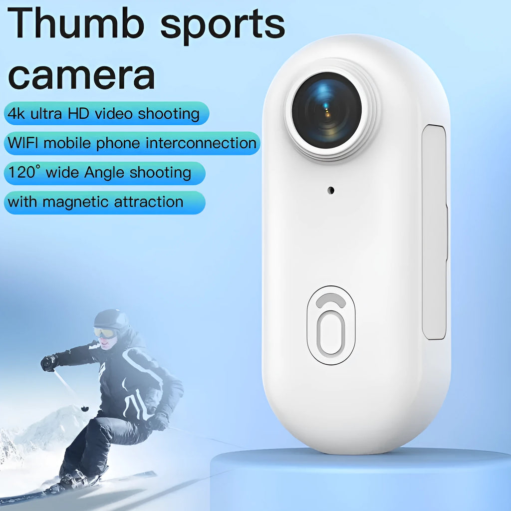 H88 thumb-sized 4K mini sports camera with magnetic mount and waterproof case on a black background