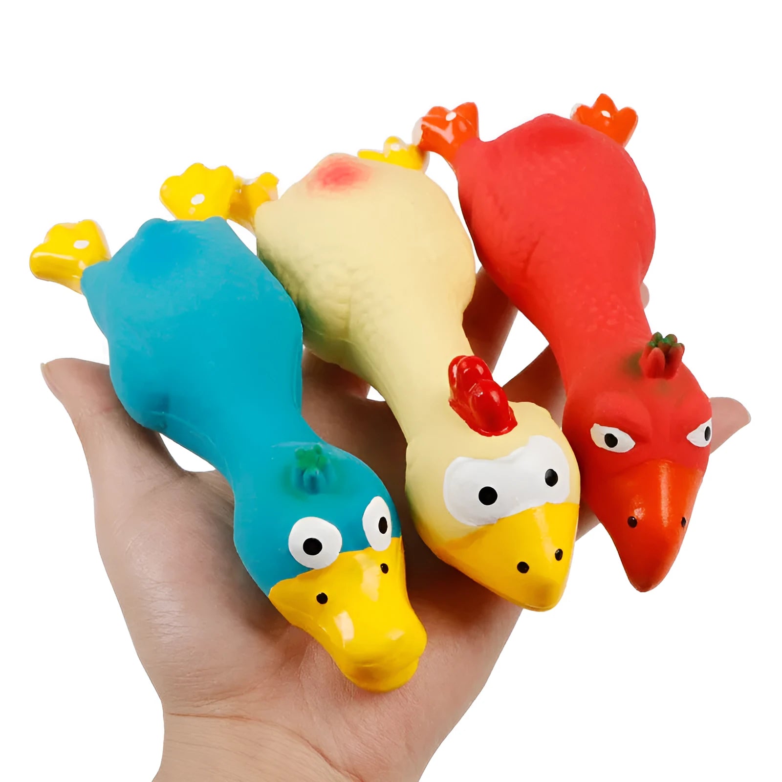 Squeaky latex duck pet sound toy in red, blue, and yellow
