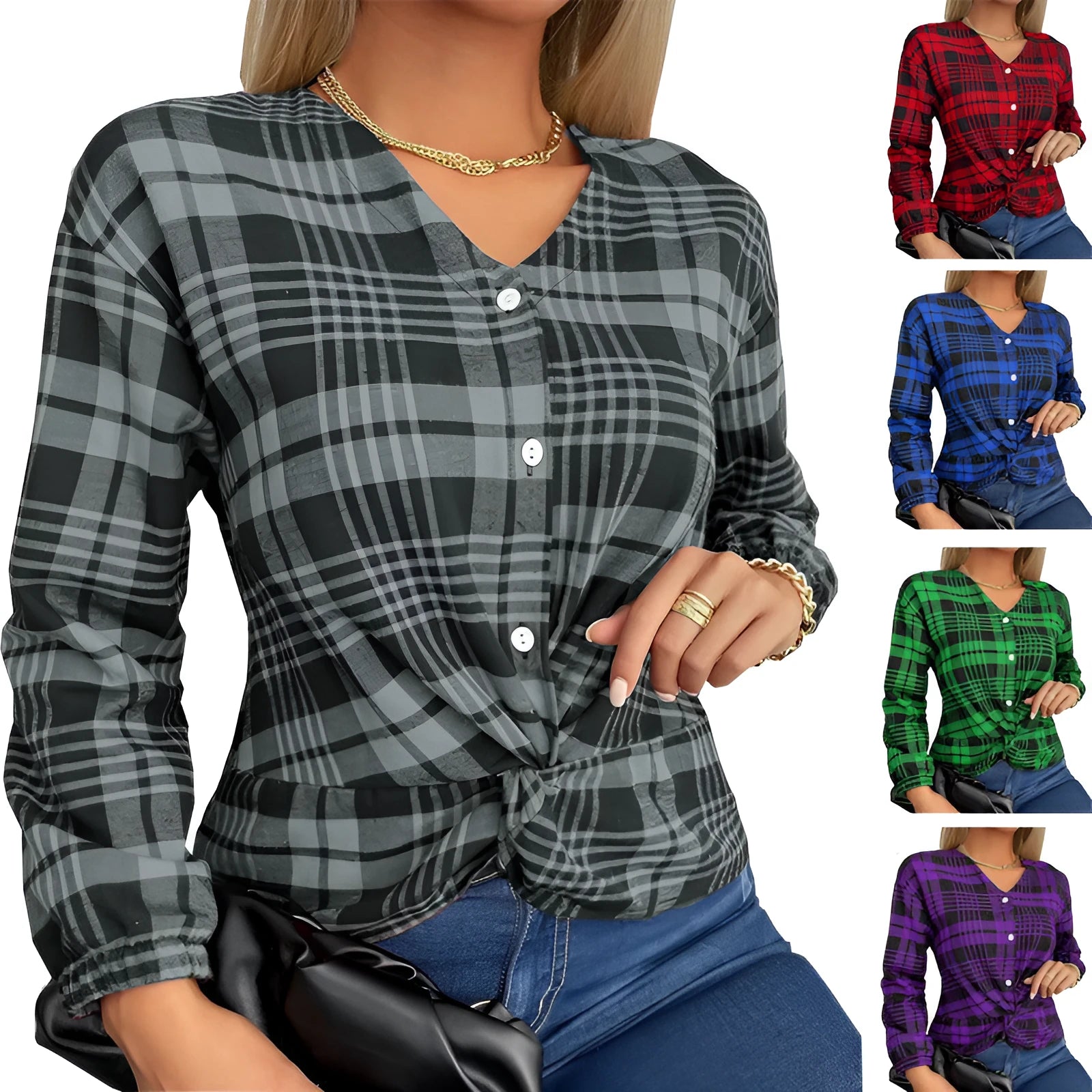 Woman wearing a loose-fit purple plaid casual shirt with regular sleeves.