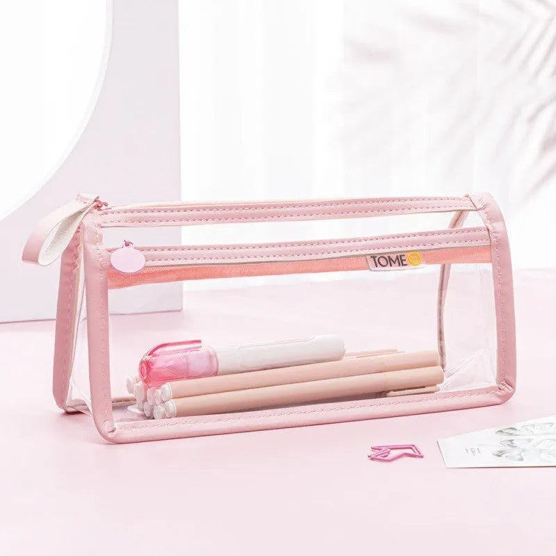 Large transparent double-layer pencil case in blue showing internal compartments, dimensions 220x110x80mm.