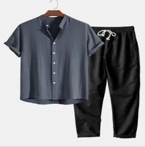 Men's floral print cardigan shirt with coordinating pants in slim fit casual style