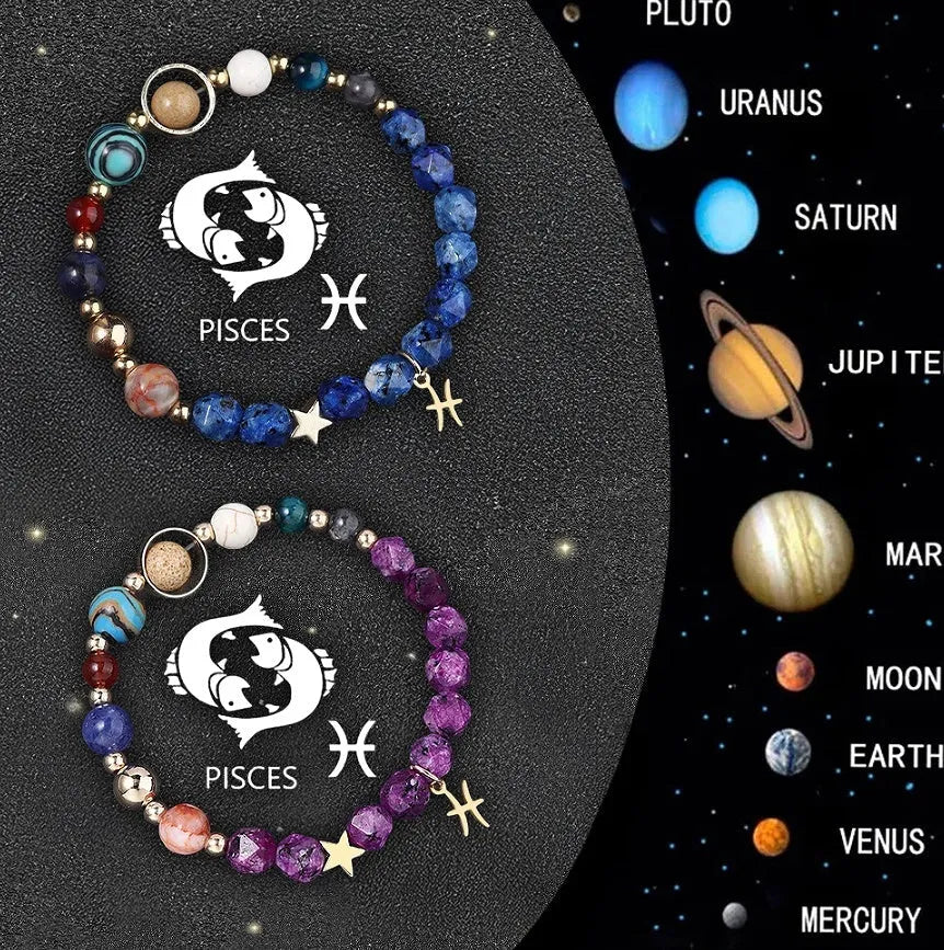 Two adjustable beaded bracelets with natural stone zodiac charms and metal accents on a wrist.