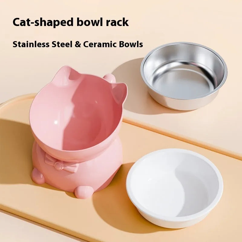 Oblique stainless steel cat bowl with a coloured silicone non-slip base.