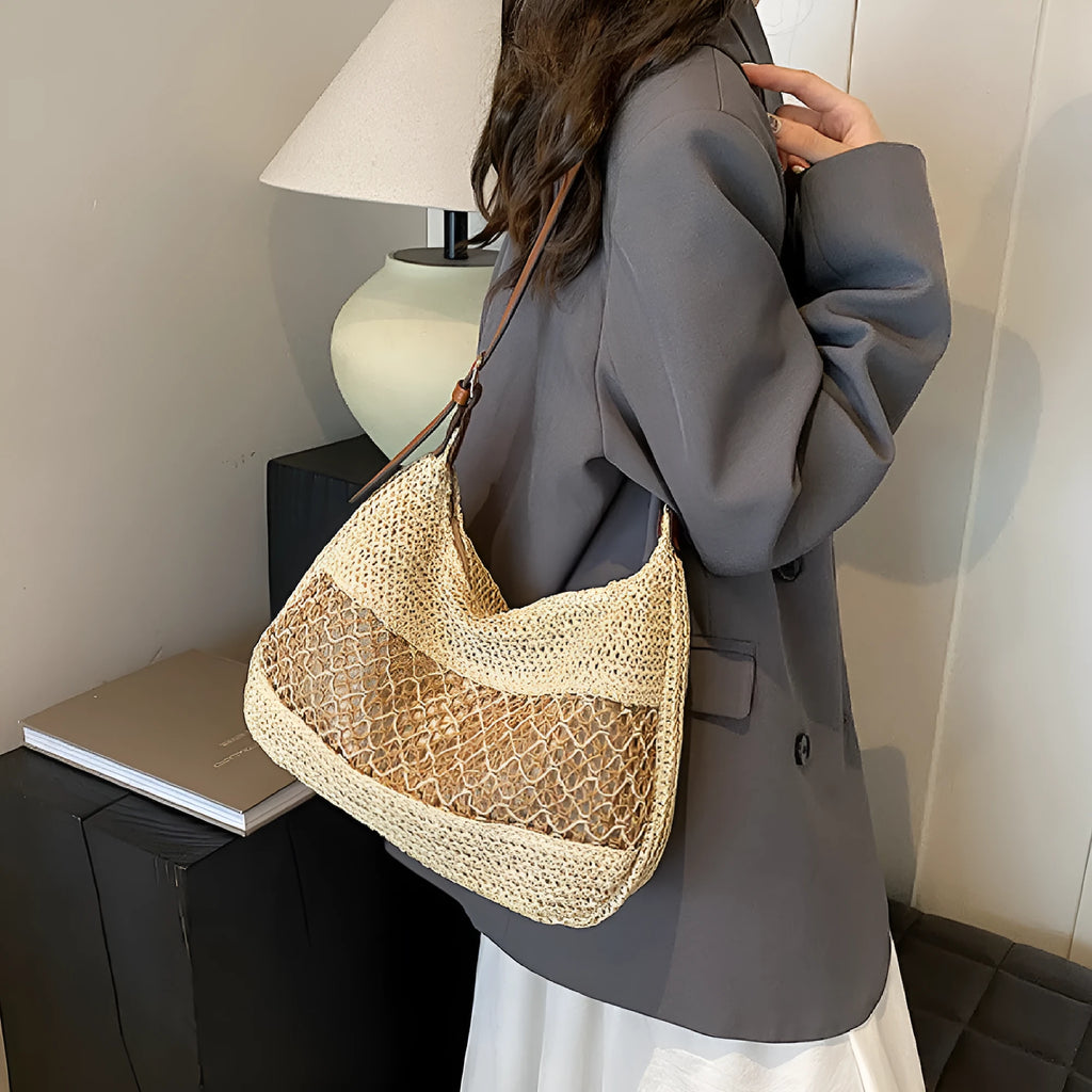 Women's straw crossbody bag in khaki colour with sandwich pocket compartment