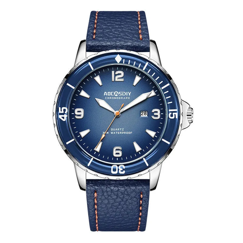 Casual digital men's quartz watch with 45mm round dial, calendar, mineral glass, and spiral crown on light background