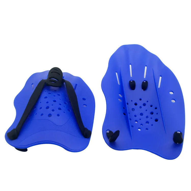 A pair of swim training paddles for freestyle stroke, shown in one of eight colour options including dark blue with a yellow mirror belt.