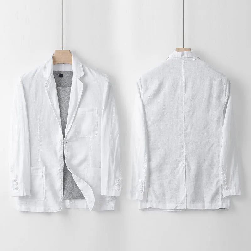 Men's loose fit linen casual suit jacket in solid colour, shown in available colours: white, black, natural linen, sky blue, navy blue.