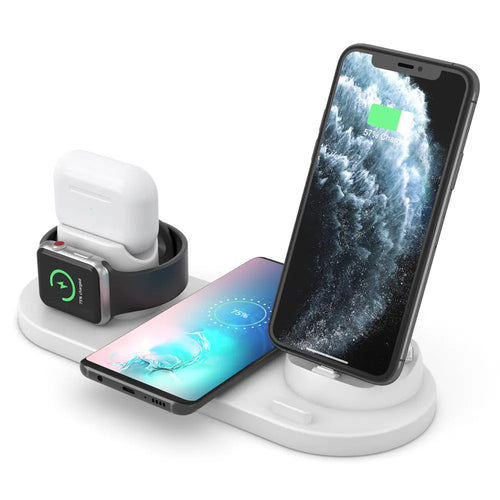 Black 6-in-1 wireless charging station with smartphone, AirPods and iWatch charging areas