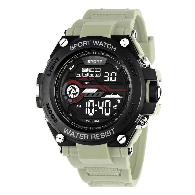 Digital electronic watch with adjustable strap shown in multiple colour options