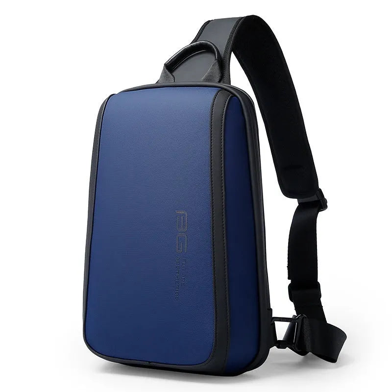 Men's blue Oxford cloth messenger chest bag with shoulder strap, shown with dimensions 33x21x10cm.