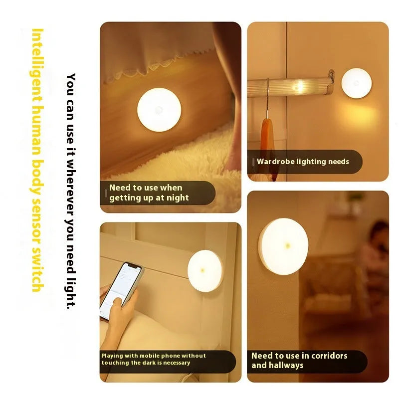 Round ABS rechargeable night induction lamp with automatic motion sensing and three colour light modes for elderly home safety
