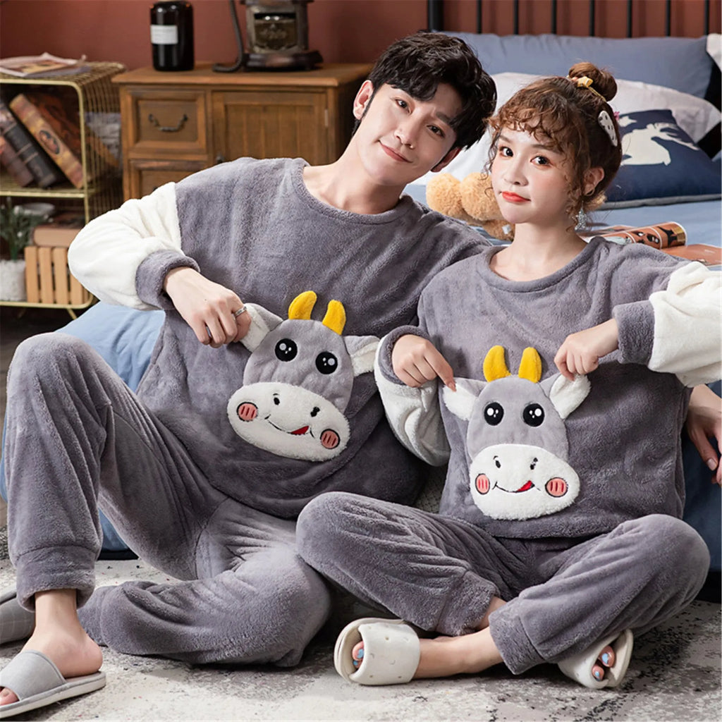 Flannel couple pajamas in koala bear pattern, round neck, thickened winter style for men and women