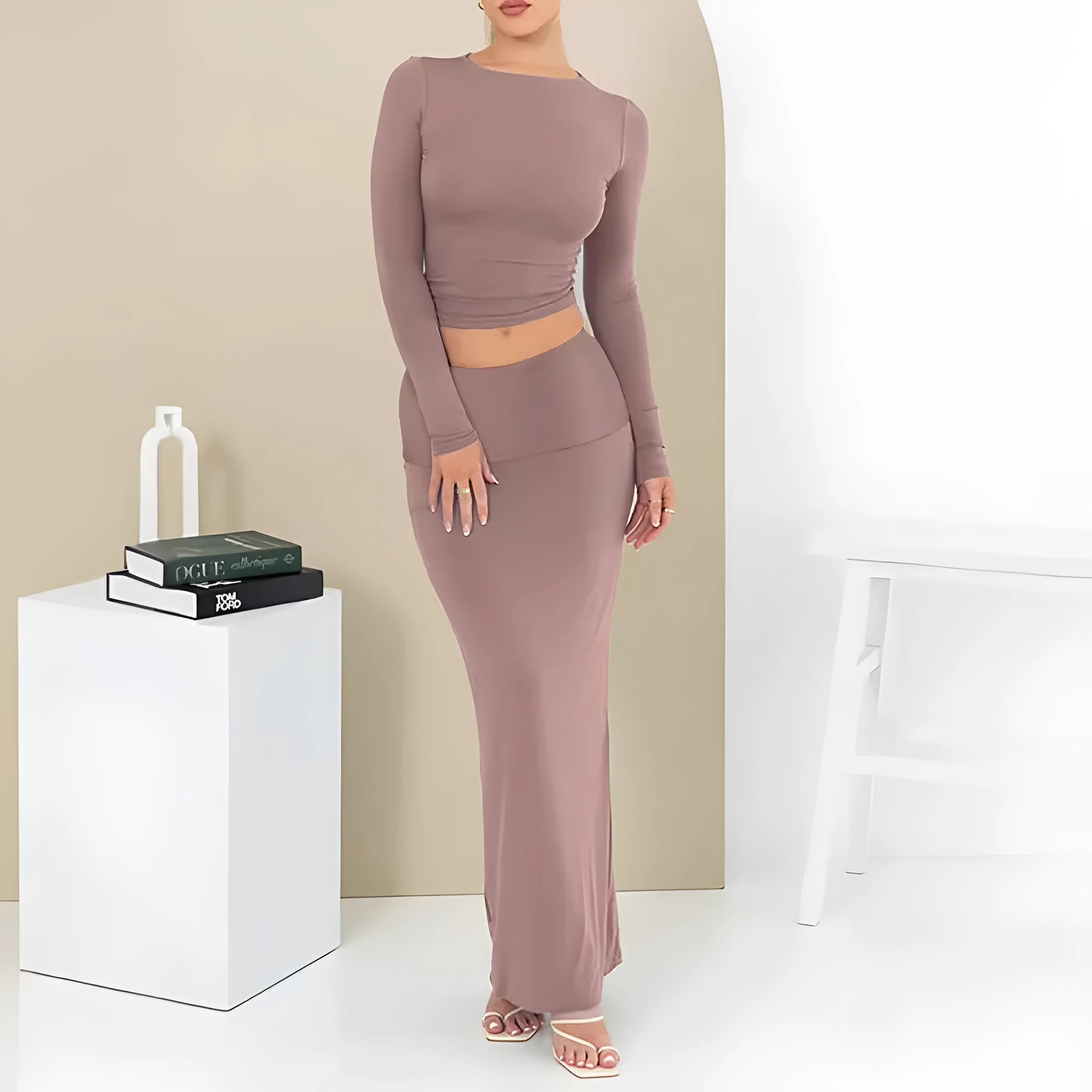 Women's sweet style two-piece suit with crop top and long skirt in polyester fabric