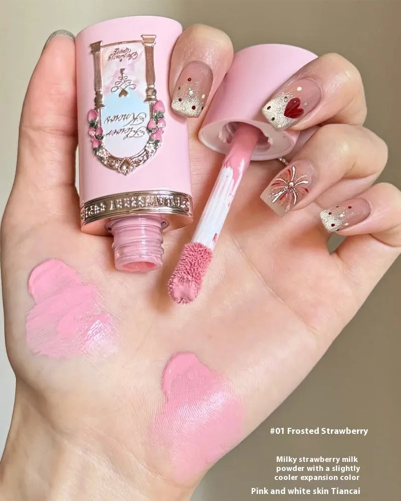Strawberry Cupid Series Liquid Blush in one of six shades, shown on a hand or with swatches.