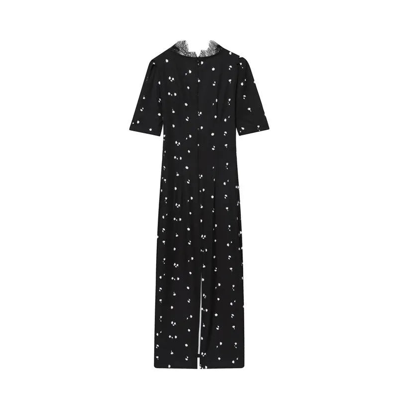 women's lace V-neck patchwork puff sleeve dress in mercerised cotton with stripes and plaid