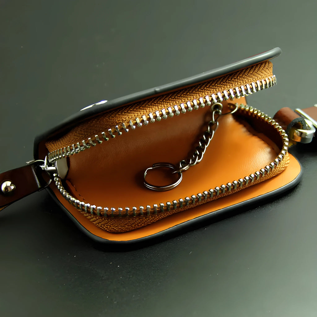 Genuine cowhide leather car key case with frosted finish and zipper closure