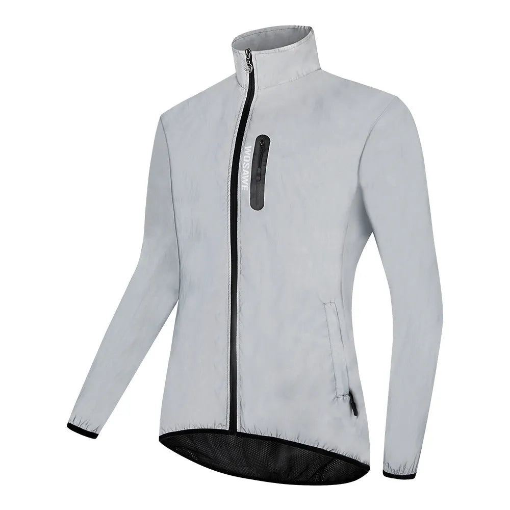 Silver waterproof polyester long sleeved outdoor coat showing windproof features across six European sizes