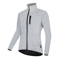 Silver waterproof polyester long sleeved outdoor coat showing windproof features across six European sizes
