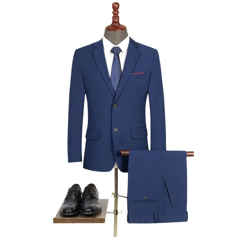 Men's slim fit two-piece business suit in navy blue with jacket and matching trousers on a plain background, plus size option