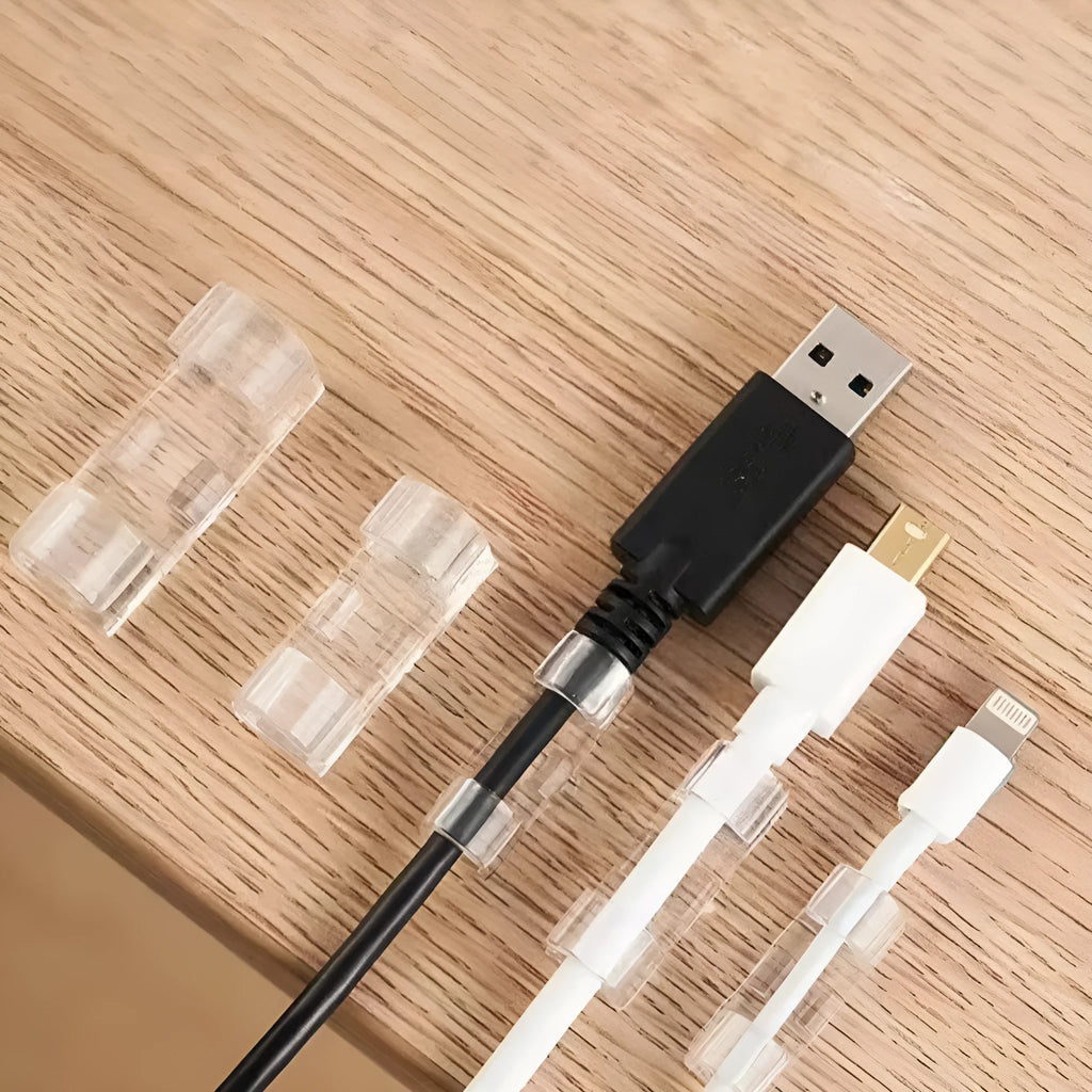 Transparent plastic self-adhesive cable organiser clips in four size options for wire management