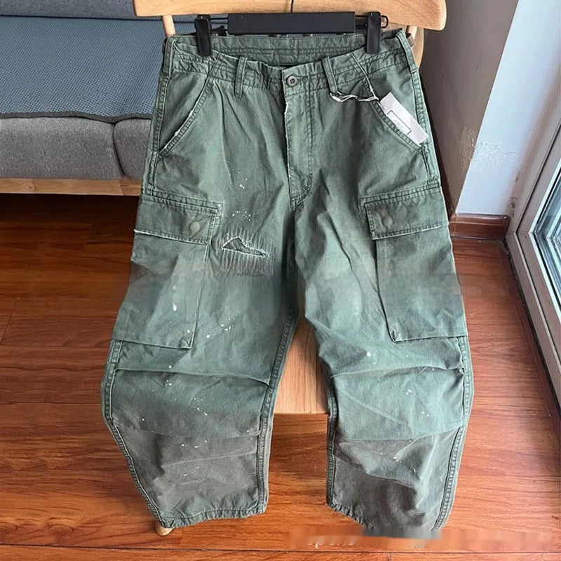 Men's large loose pockets wear-resistant washing paratrooper pants in Army Green cotton fabric