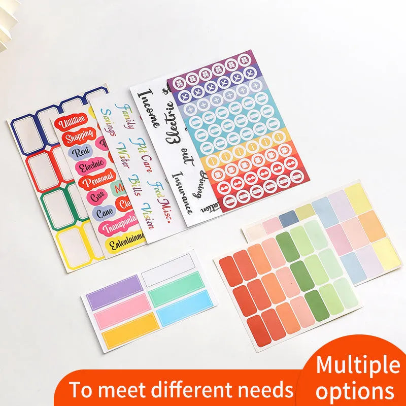 Handwritten label indicating adhesive stickers in white with multiple grid formats and colour options