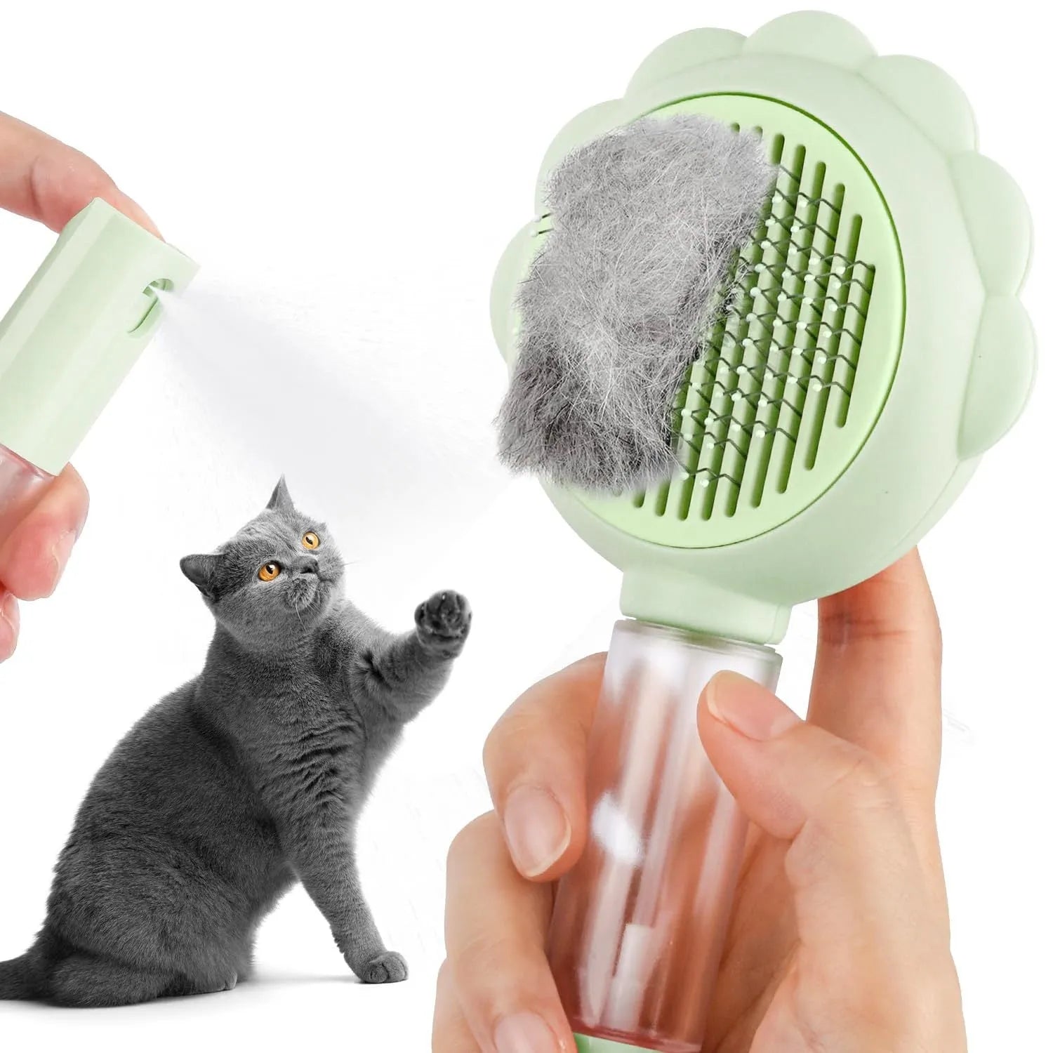 Grey self-cleaning cat brush with spray function and stainless steel bristles on a white background.