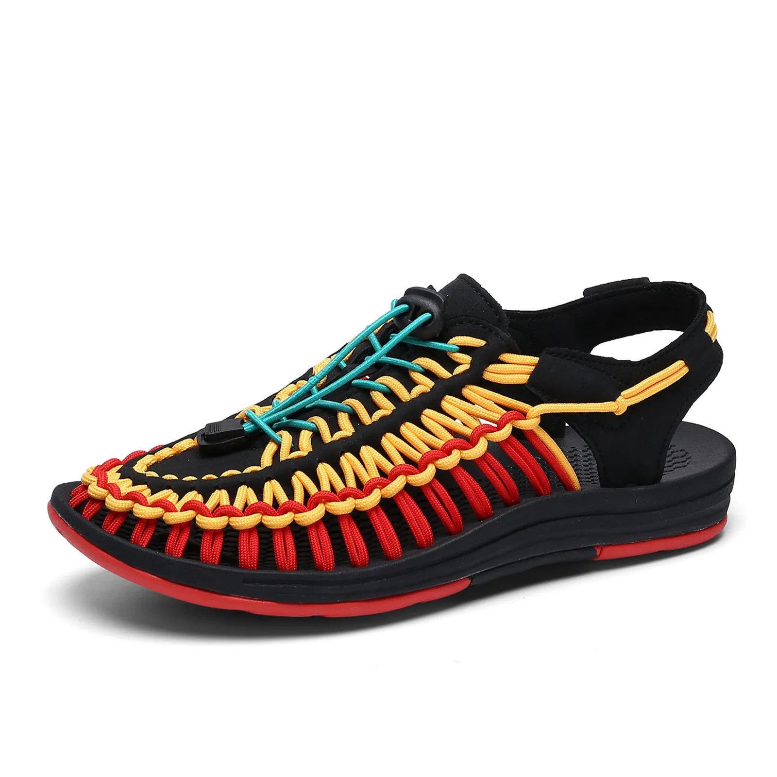 Woven Roman-style sandals with drawstring tie closure in multiple colour options