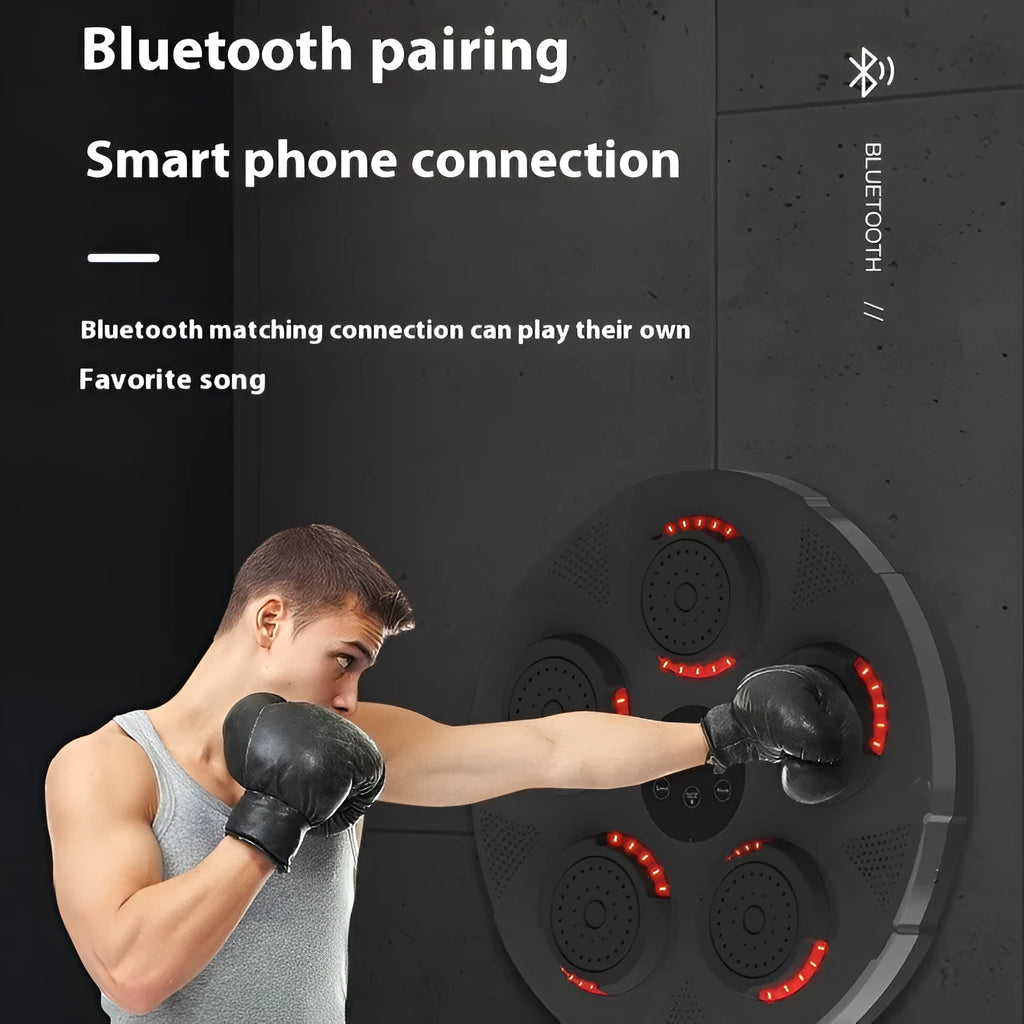Wall-mounted smart boxing trainer sandbag with LED lights on black ABS surface, showing mounting brackets.