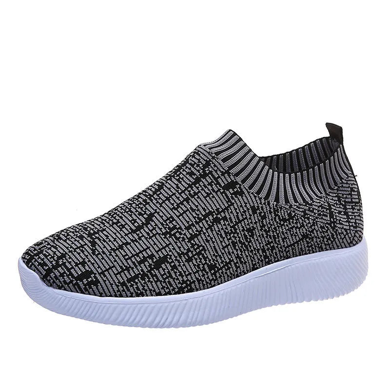 Unisex stripe knit sock shoes flat sneakers in white grey flower colour low top EVA sole