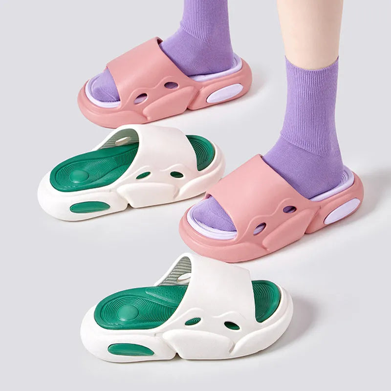 Women's two-colour thick-soled slippers in EVA with leather lining for indoor and beach use