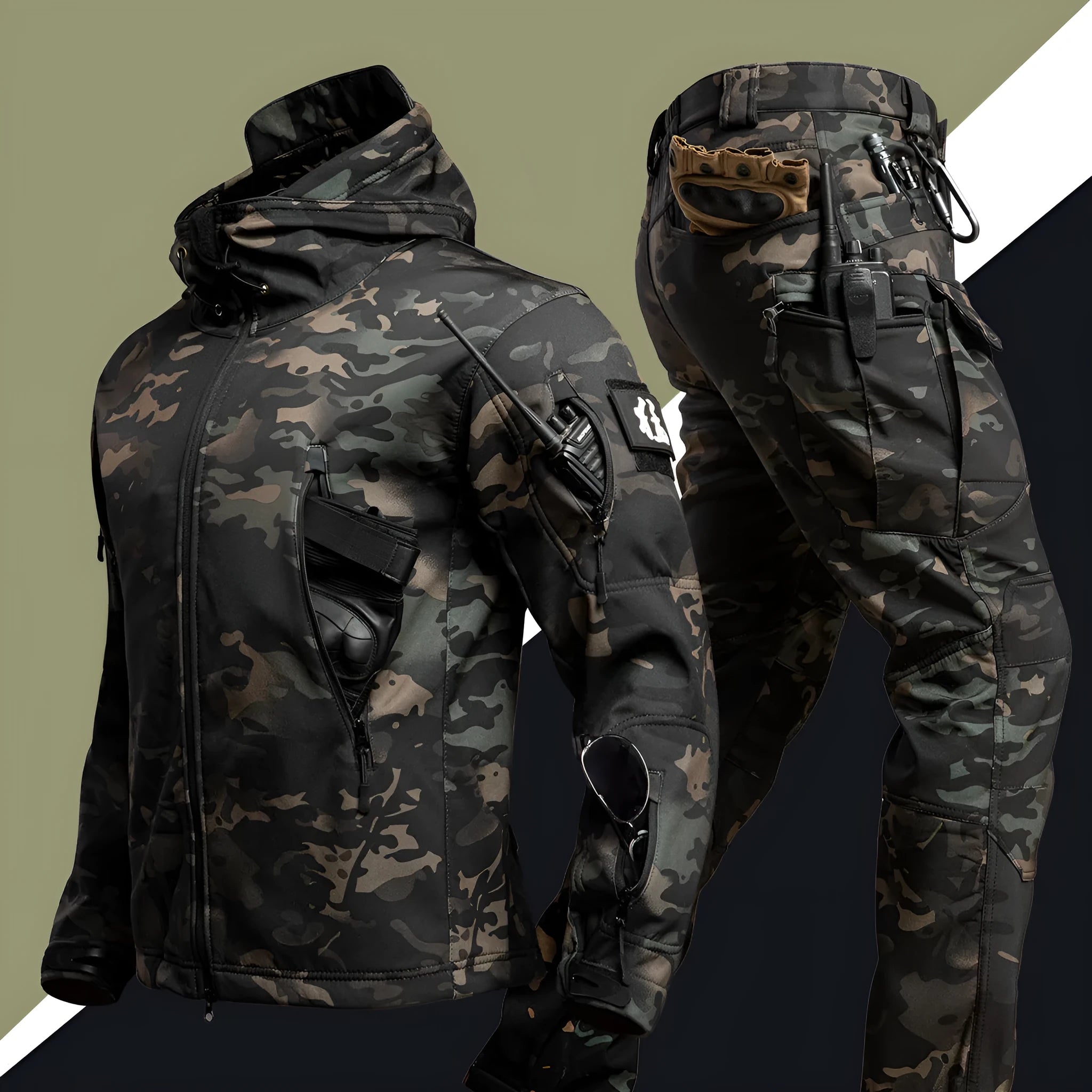 Camouflage winter outdoors shell jacket suit for men, waterproof windproof set in Shadow Camouflage colour with jacket and pants