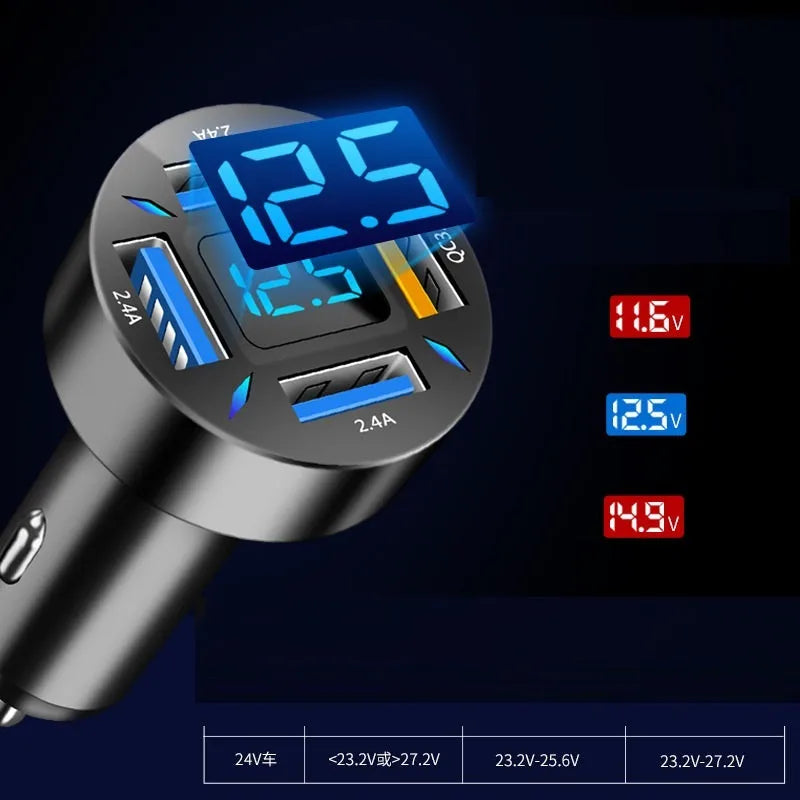 Black four-port USB car charger with LED digital display showing charging status