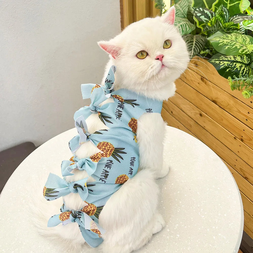 Lace-up cat sterilisation recovery clothing in polyester, shown in various colours and sizes.