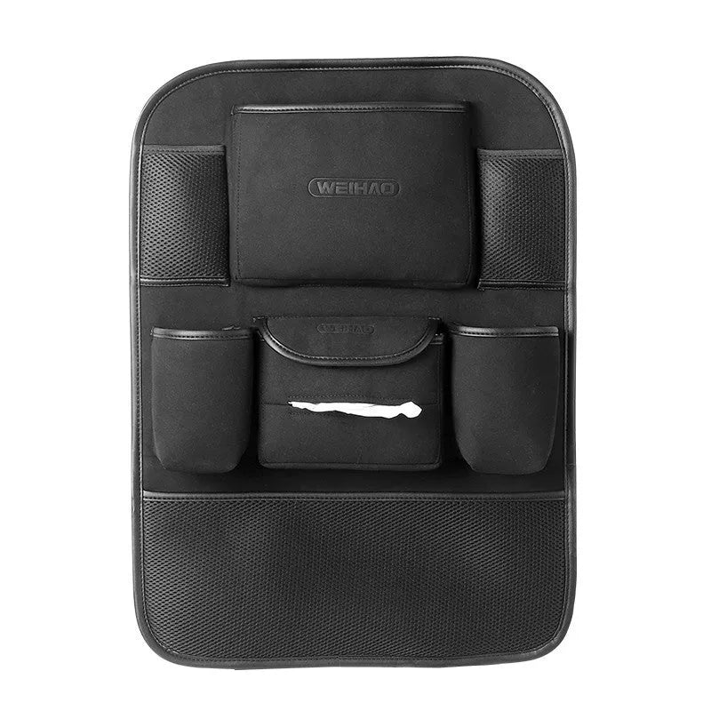 Car seat back storage bag in fleece microfiber, 23.5cm by 13cm, black colour, placed on car seat