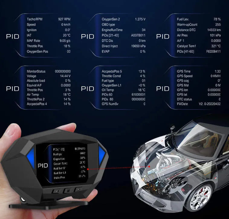 Black P1 vehicle head-up display unit with OBD cable on a car dashboard.