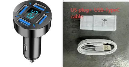 Black four-port USB car charger with LED digital display showing charging status
