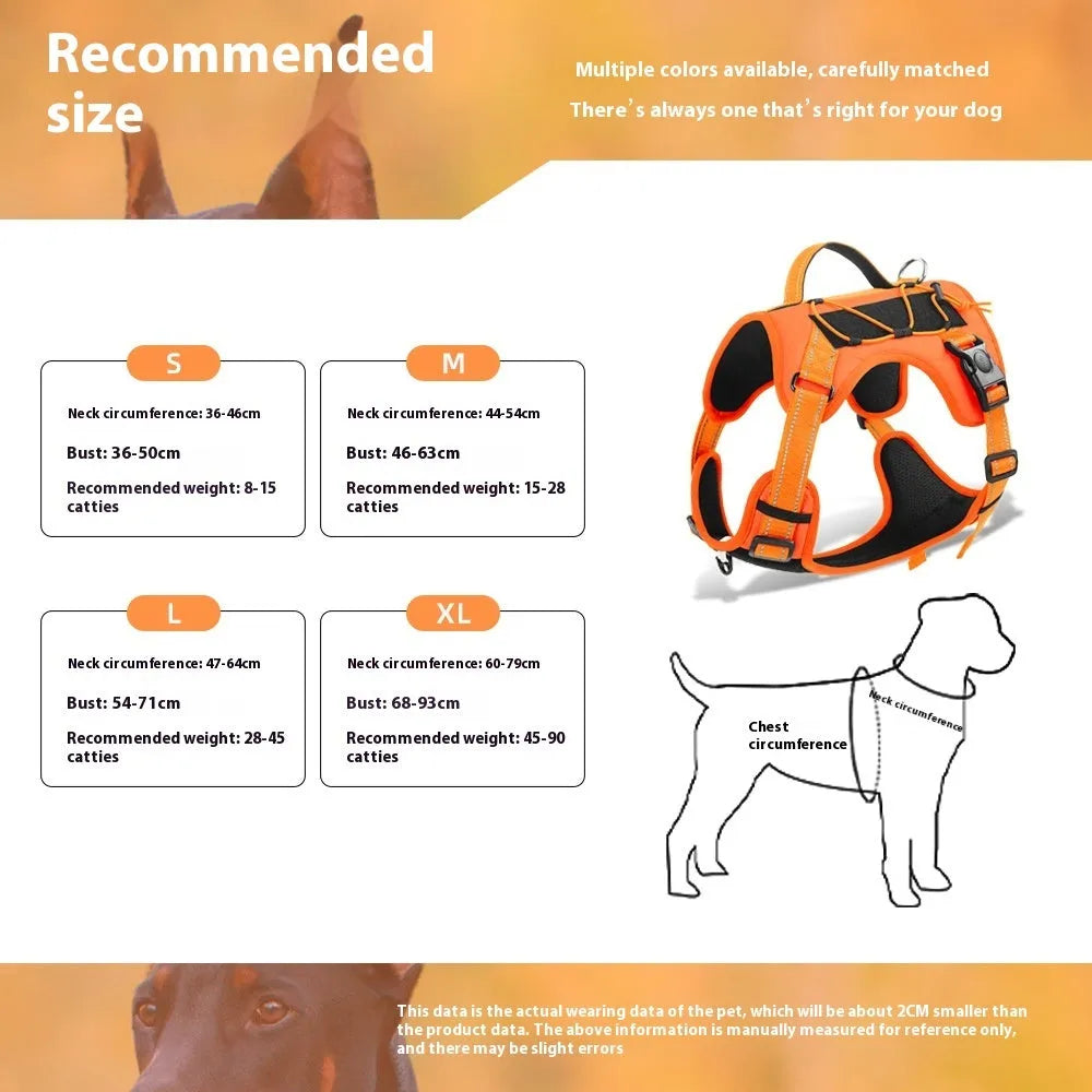 Reflective orange dog harness with black explosion-proof breast strap and full-hand grip rope