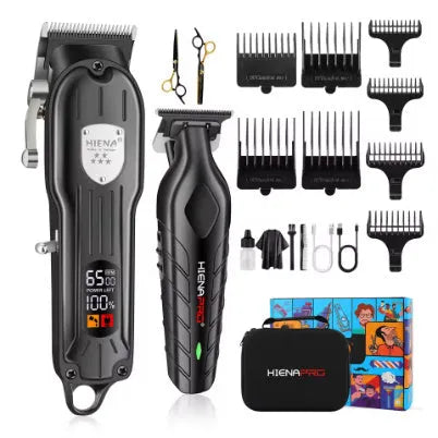 Black professional hair clipper set with USB charging port and adjustable length settings