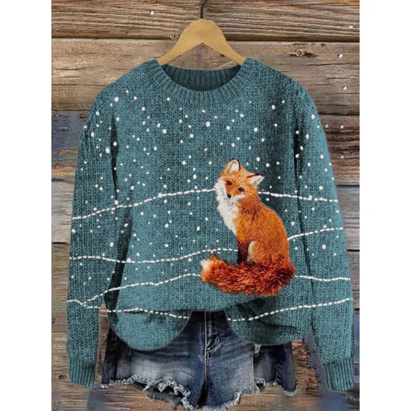 Little flower digital print on a round neck polyester sweater, shown on a hanger.
