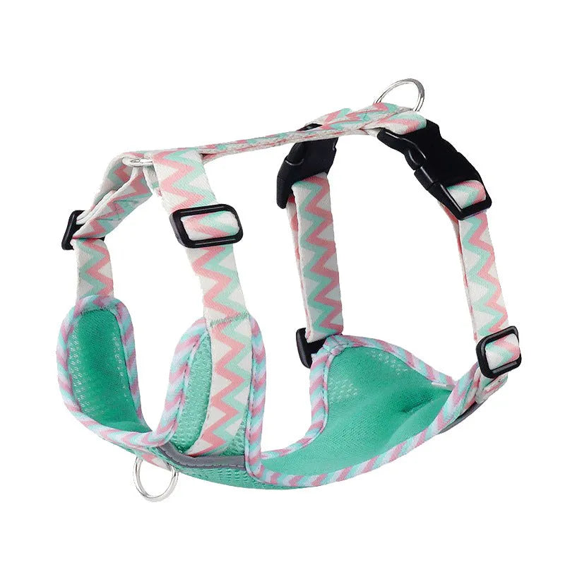 Reflective dog hand holding rope vest harness in mountain blue with stripe