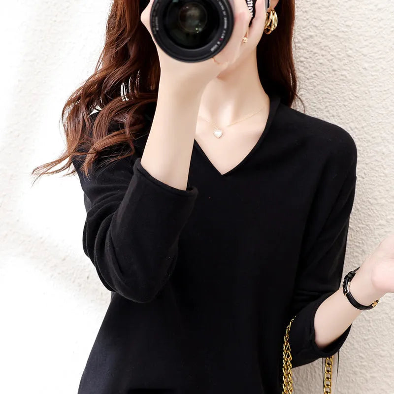 Women's V-neck long sleeve knitwear pullover top in turmeric colour with non-ironing process