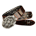 Men's black genuine leather belt with silver punk rivets and a smooth alloy buckle.