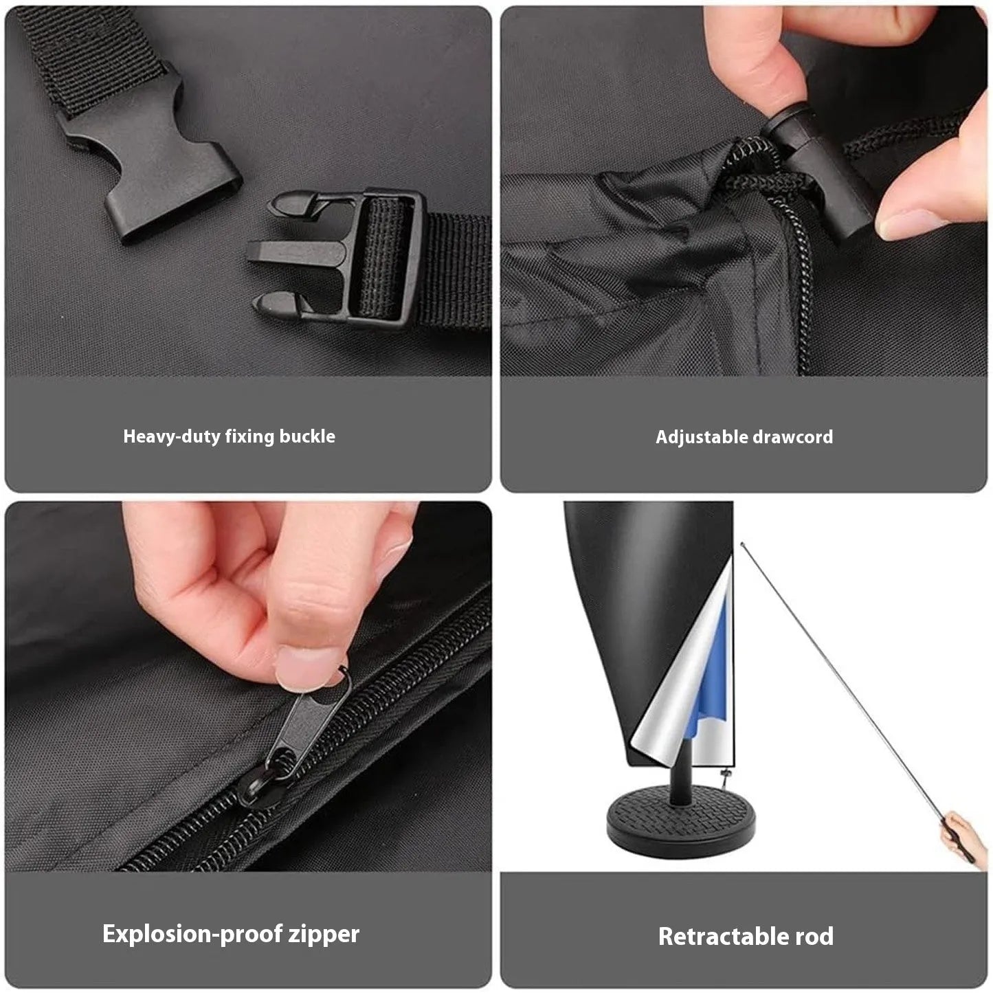 Waterproof grey oxford cloth cover for a banana-shaped outdoor patio umbrella.