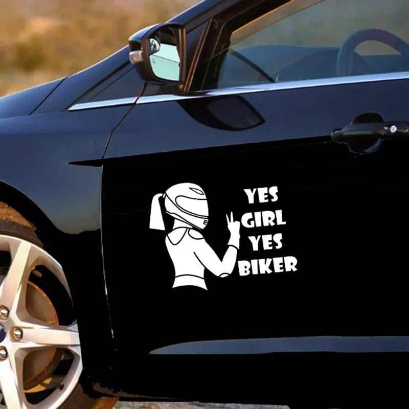 Cool girl rider character design car sticker in black, white, and laser colour options.